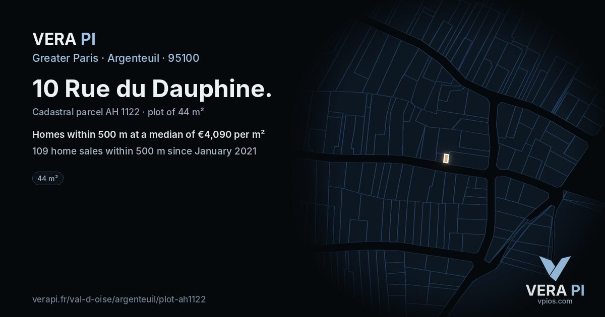 10 Rue du Dauphine, Argenteuil at night – the plot lit, the parcels around coloured by the prices near them