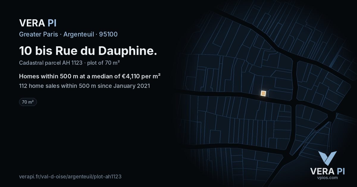 10 bis Rue du Dauphine, Argenteuil at night – the plot lit, the parcels around coloured by the prices near them
