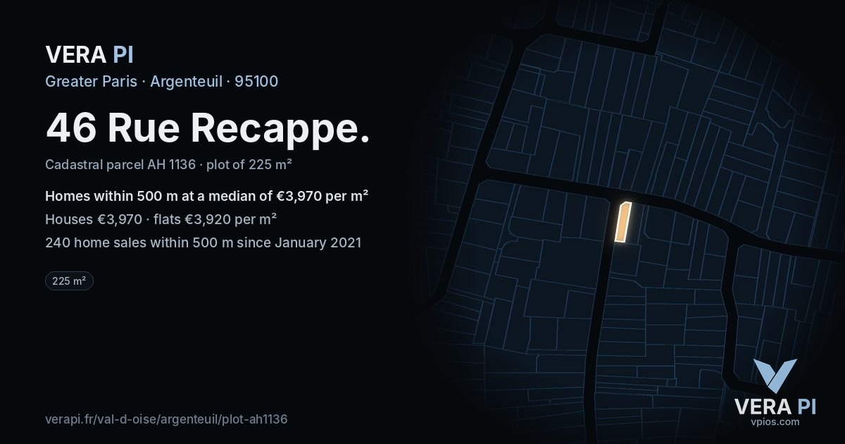 46 Rue Recappe, Argenteuil at night – the plot lit, the parcels around coloured by the prices near them