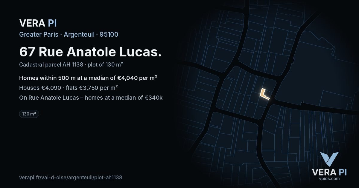 67 Rue Anatole Lucas, Argenteuil at night – the plot lit, the parcels around coloured by the prices near them