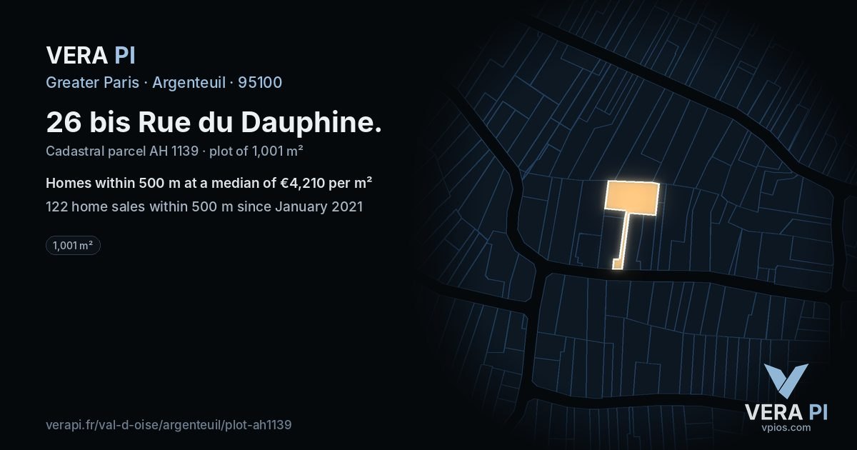 26 bis Rue du Dauphine, Argenteuil at night – the plot lit, the parcels around coloured by the prices near them