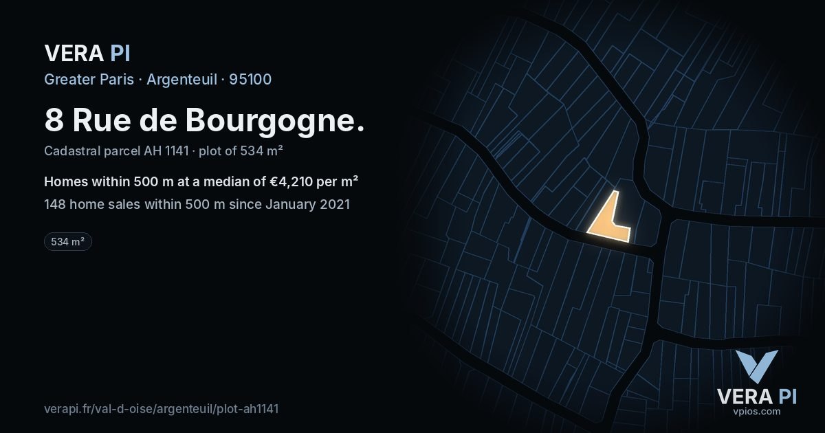 8 Rue de Bourgogne, Argenteuil at night – the plot lit, the parcels around coloured by the prices near them