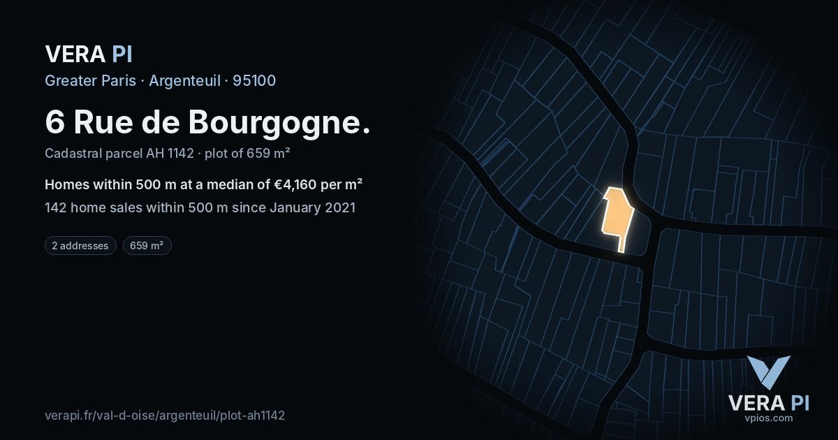 6 Rue de Bourgogne, Argenteuil at night – the plot lit, the parcels around coloured by the prices near them