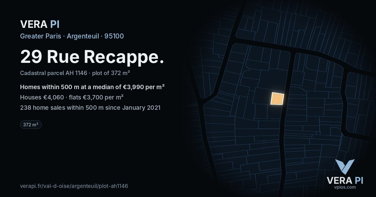 29 Rue Recappe, Argenteuil at night – the plot lit, the parcels around coloured by the prices near them