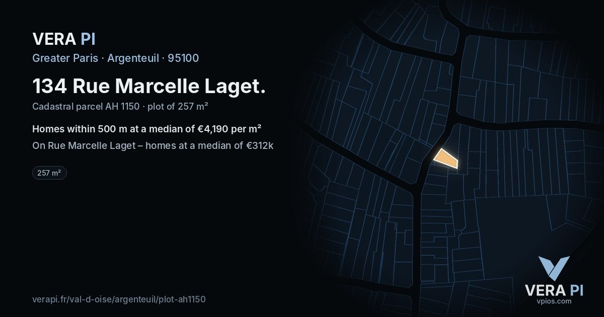 134 Rue Marcelle Laget, Argenteuil at night – the plot lit, the parcels around coloured by the prices near them