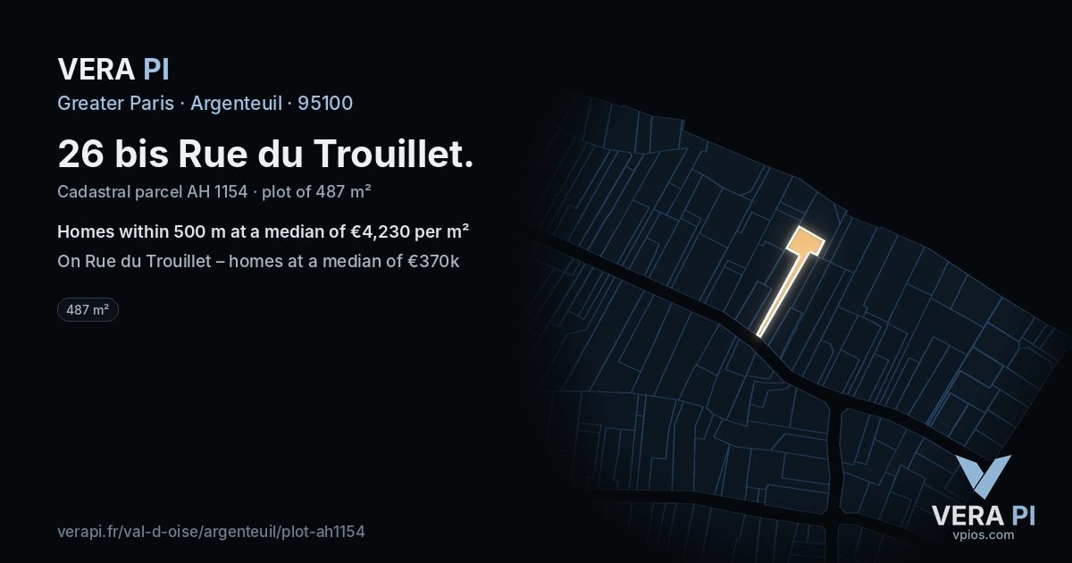 26 bis Rue du Trouillet, Argenteuil at night – the plot lit, the parcels around coloured by the prices near them