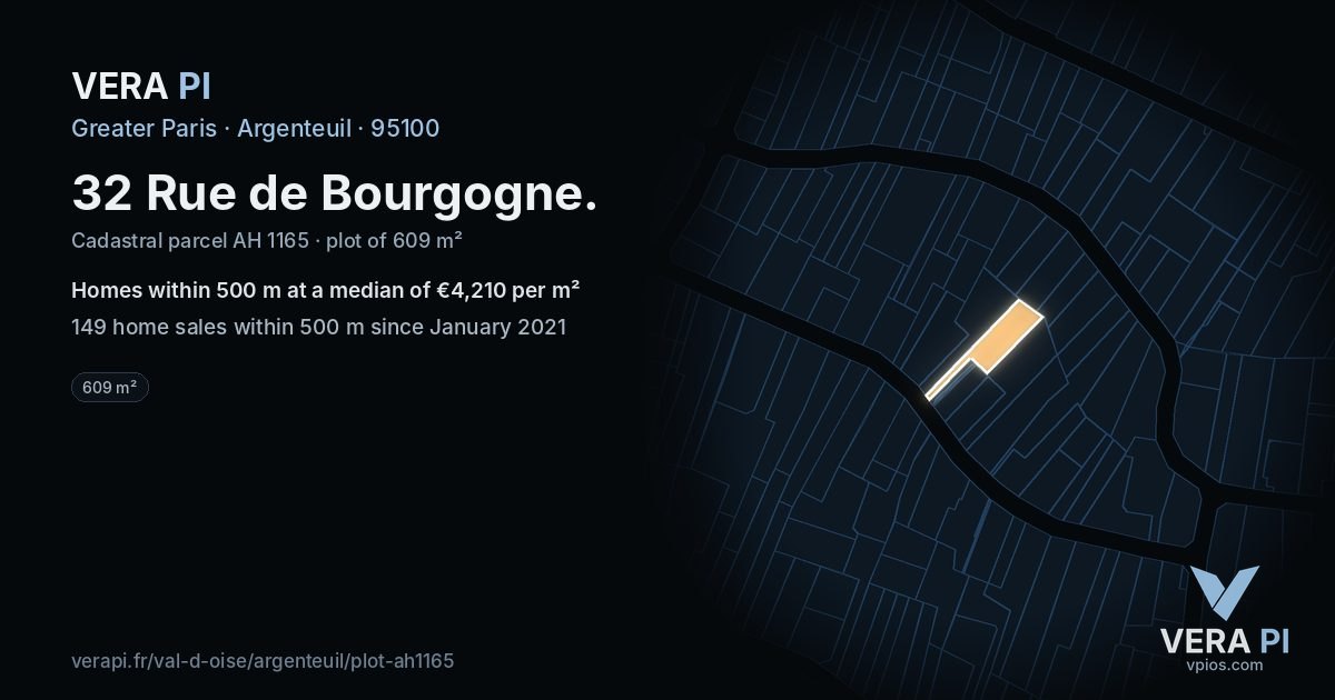 32 Rue de Bourgogne, Argenteuil at night – the plot lit, the parcels around coloured by the prices near them