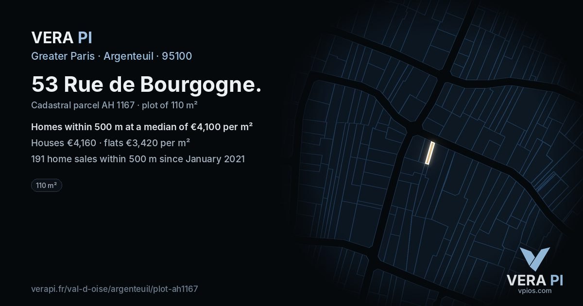 53 Rue de Bourgogne, Argenteuil at night – the plot lit, the parcels around coloured by the prices near them