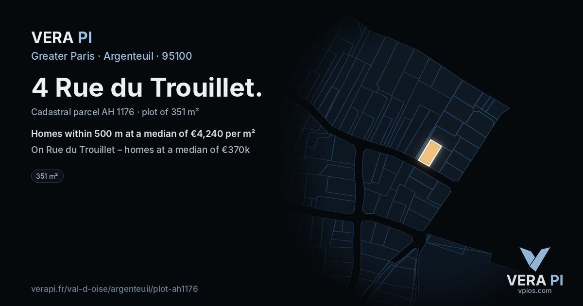 4 Rue du Trouillet, Argenteuil at night – the plot lit, the parcels around coloured by the prices near them