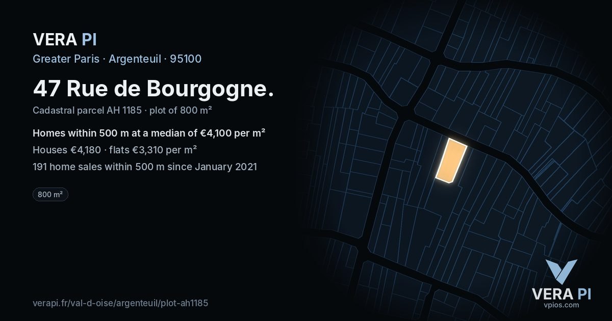 47 Rue de Bourgogne, Argenteuil at night – the plot lit, the parcels around coloured by the prices near them