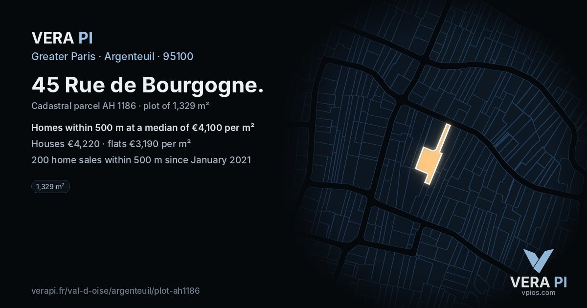45 Rue de Bourgogne, Argenteuil at night – the plot lit, the parcels around coloured by the prices near them