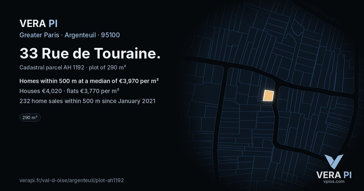 33 Rue de Touraine, Argenteuil at night – the plot lit, the parcels around coloured by the prices near them