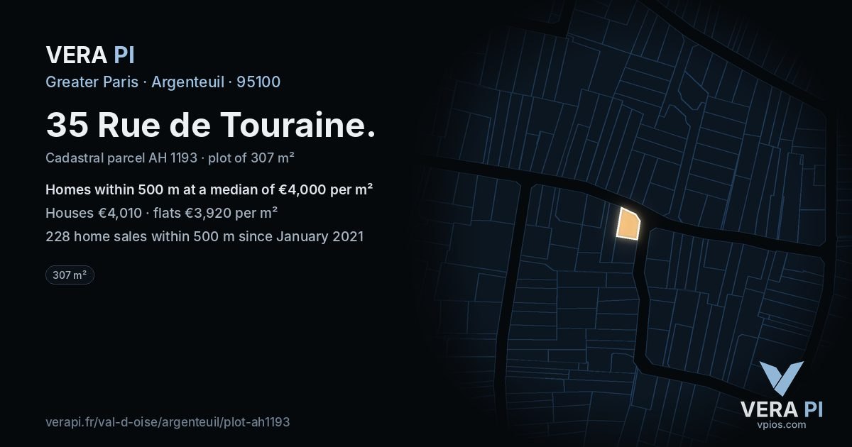 35 Rue de Touraine, Argenteuil at night – the plot lit, the parcels around coloured by the prices near them