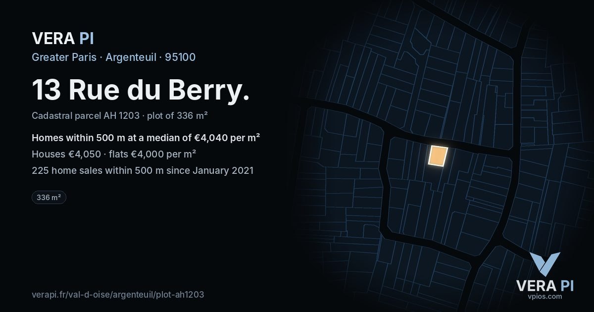 13 Rue du Berry, Argenteuil at night – the plot lit, the parcels around coloured by the prices near them