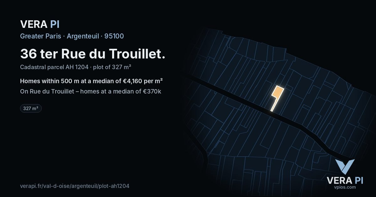 36 ter Rue du Trouillet, Argenteuil at night – the plot lit, the parcels around coloured by the prices near them