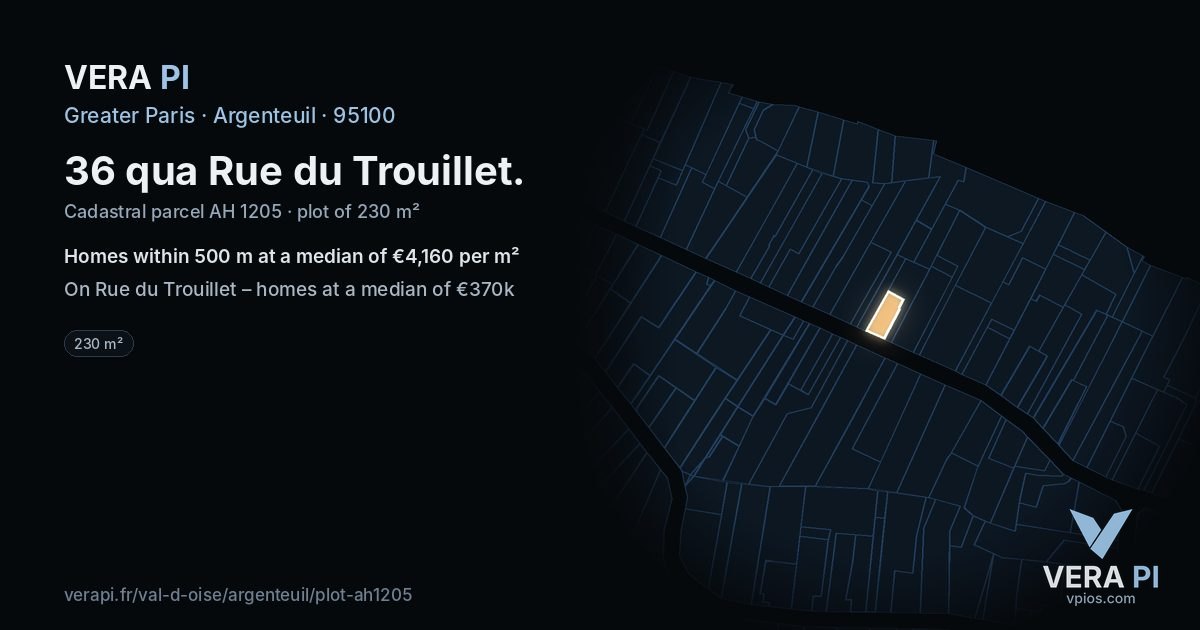 36 qua Rue du Trouillet, Argenteuil at night – the plot lit, the parcels around coloured by the prices near them