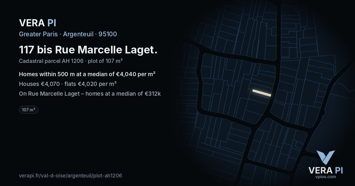 117 bis Rue Marcelle Laget, Argenteuil at night – the plot lit, the parcels around coloured by the prices near them