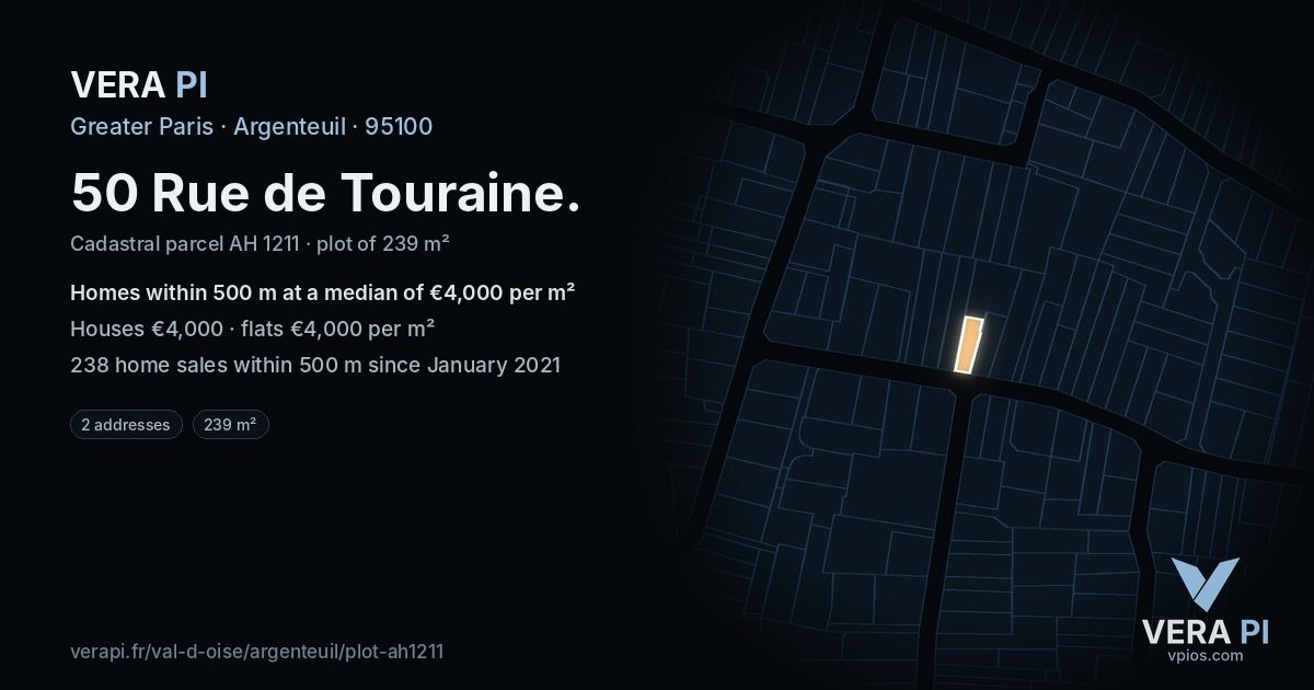 50 Rue de Touraine, Argenteuil at night – the plot lit, the parcels around coloured by the prices near them