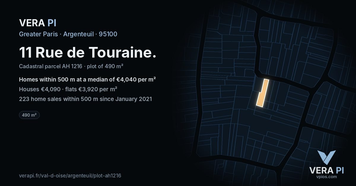 11 Rue de Touraine, Argenteuil at night – the plot lit, the parcels around coloured by the prices near them