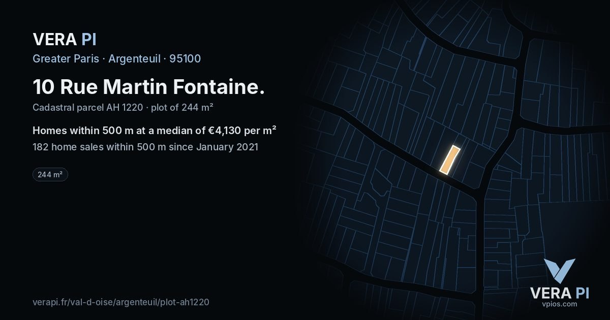 10 Rue Martin Fontaine, Argenteuil at night – the plot lit, the parcels around coloured by the prices near them