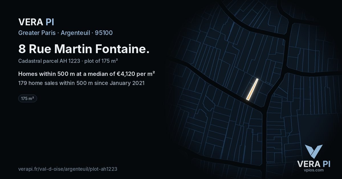 8 Rue Martin Fontaine, Argenteuil at night – the plot lit, the parcels around coloured by the prices near them