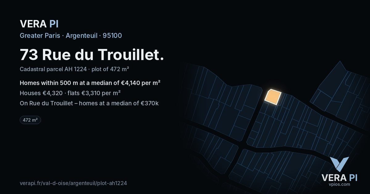 73 Rue du Trouillet, Argenteuil at night – the plot lit, the parcels around coloured by the prices near them