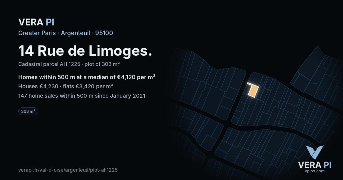 14 Rue de Limoges, Argenteuil at night – the plot lit, the parcels around coloured by the prices near them