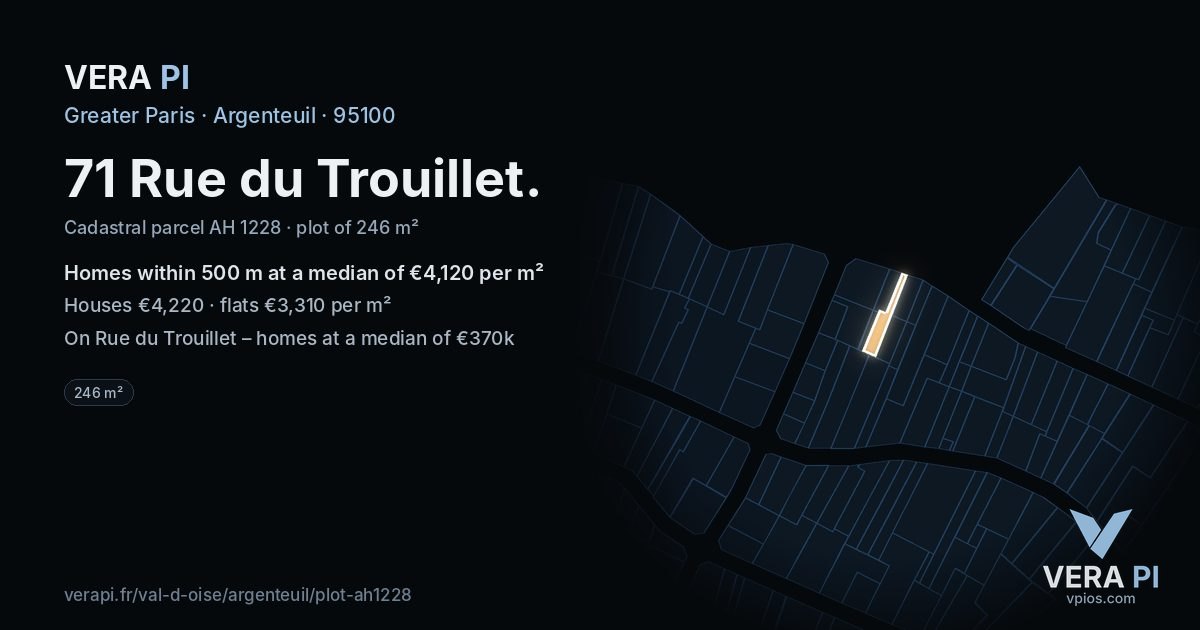 71 Rue du Trouillet, Argenteuil at night – the plot lit, the parcels around coloured by the prices near them