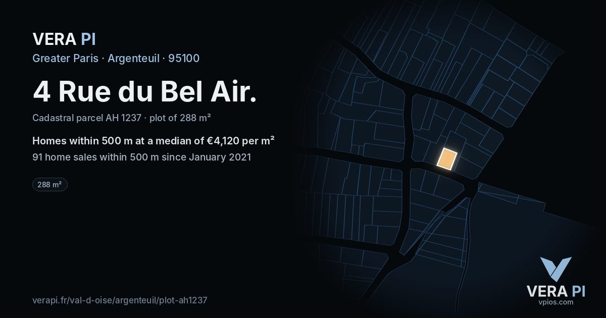 4 Rue du Bel Air, Argenteuil at night – the plot lit, the parcels around coloured by the prices near them