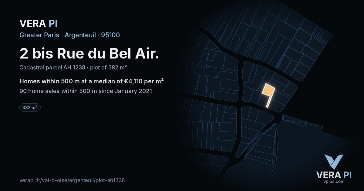 2 bis Rue du Bel Air, Argenteuil at night – the plot lit, the parcels around coloured by the prices near them