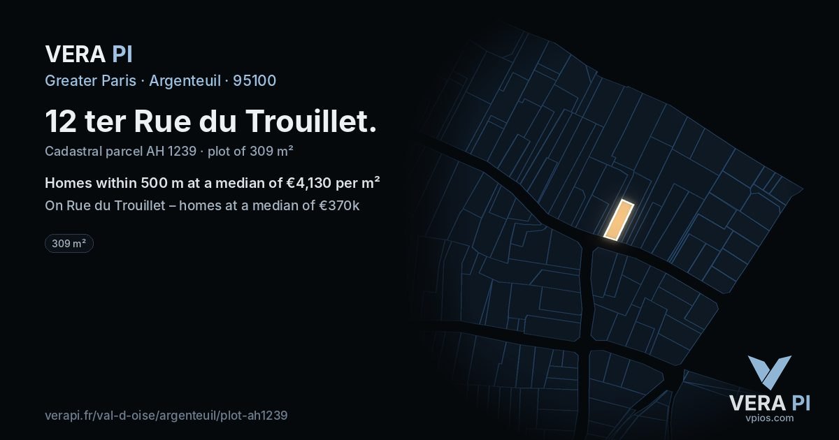 12 ter Rue du Trouillet, Argenteuil at night – the plot lit, the parcels around coloured by the prices near them