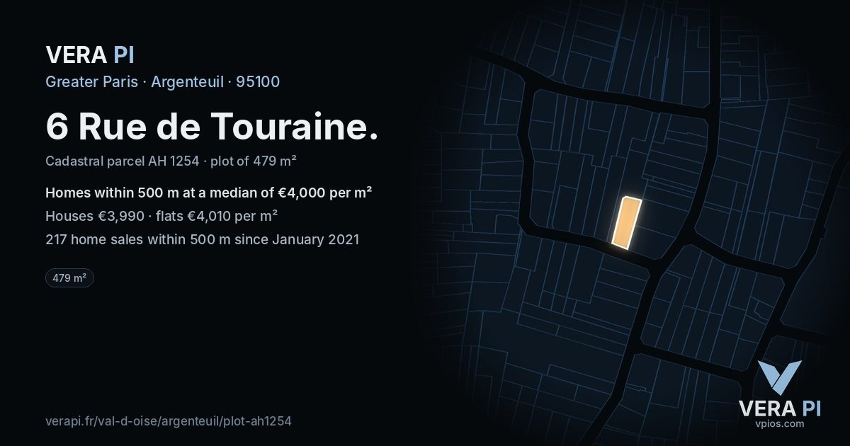 6 Rue de Touraine, Argenteuil at night – the plot lit, the parcels around coloured by the prices near them