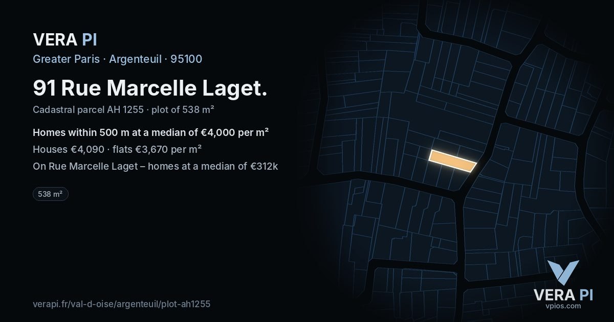 91 Rue Marcelle Laget, Argenteuil at night – the plot lit, the parcels around coloured by the prices near them