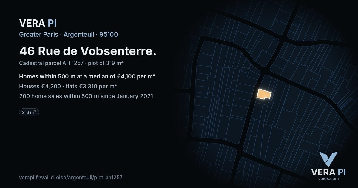 46 Rue de Vobsenterre, Argenteuil at night – the plot lit, the parcels around coloured by the prices near them
