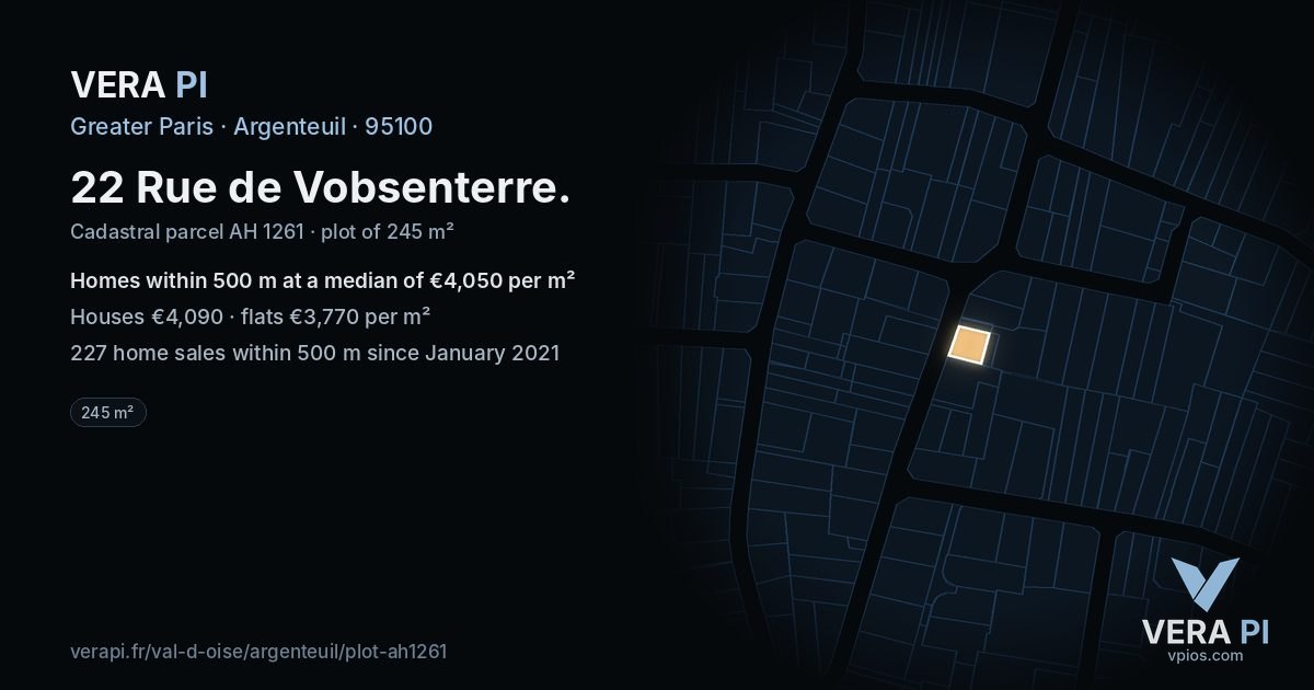 22 Rue de Vobsenterre, Argenteuil at night – the plot lit, the parcels around coloured by the prices near them