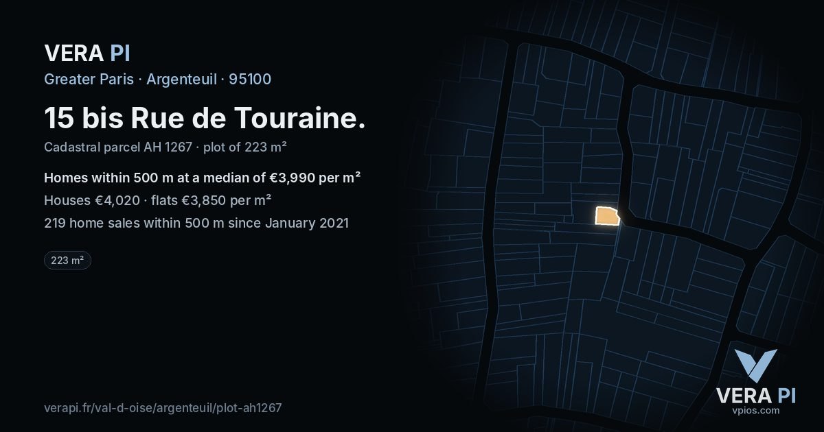 15 bis Rue de Touraine, Argenteuil at night – the plot lit, the parcels around coloured by the prices near them