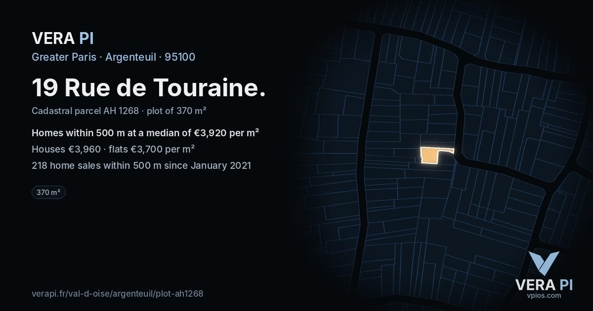 19 Rue de Touraine, Argenteuil at night – the plot lit, the parcels around coloured by the prices near them