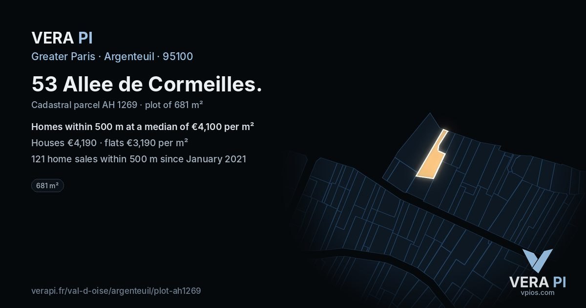 53 Allee de Cormeilles, Argenteuil at night – the plot lit, the parcels around coloured by the prices near them