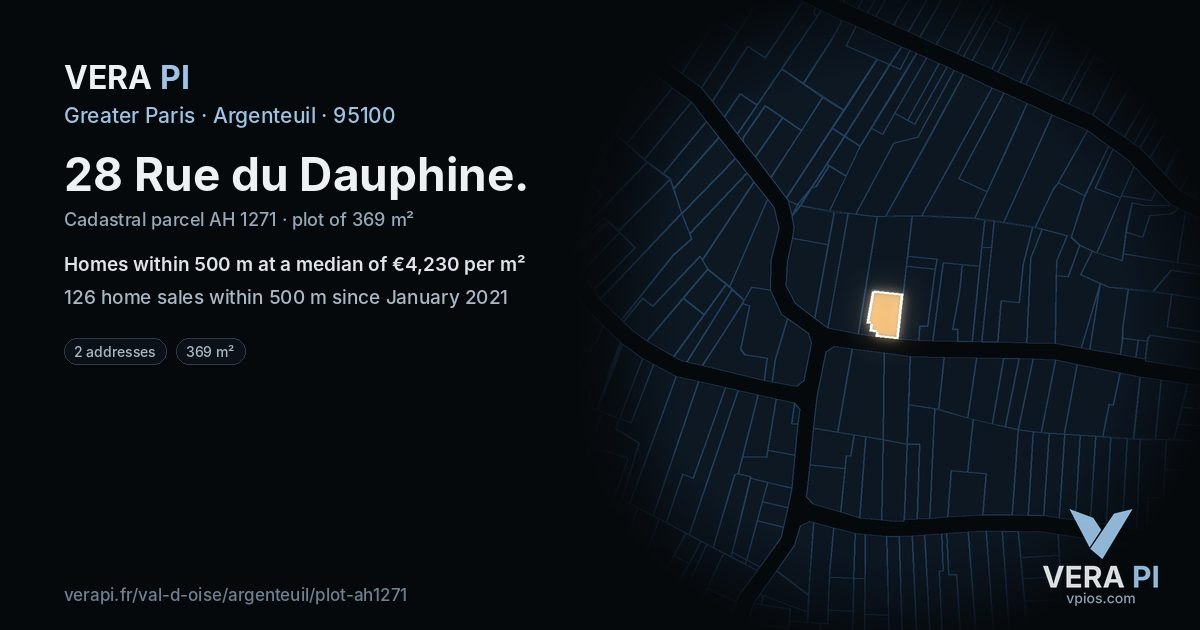 28 Rue du Dauphine, Argenteuil at night – the plot lit, the parcels around coloured by the prices near them