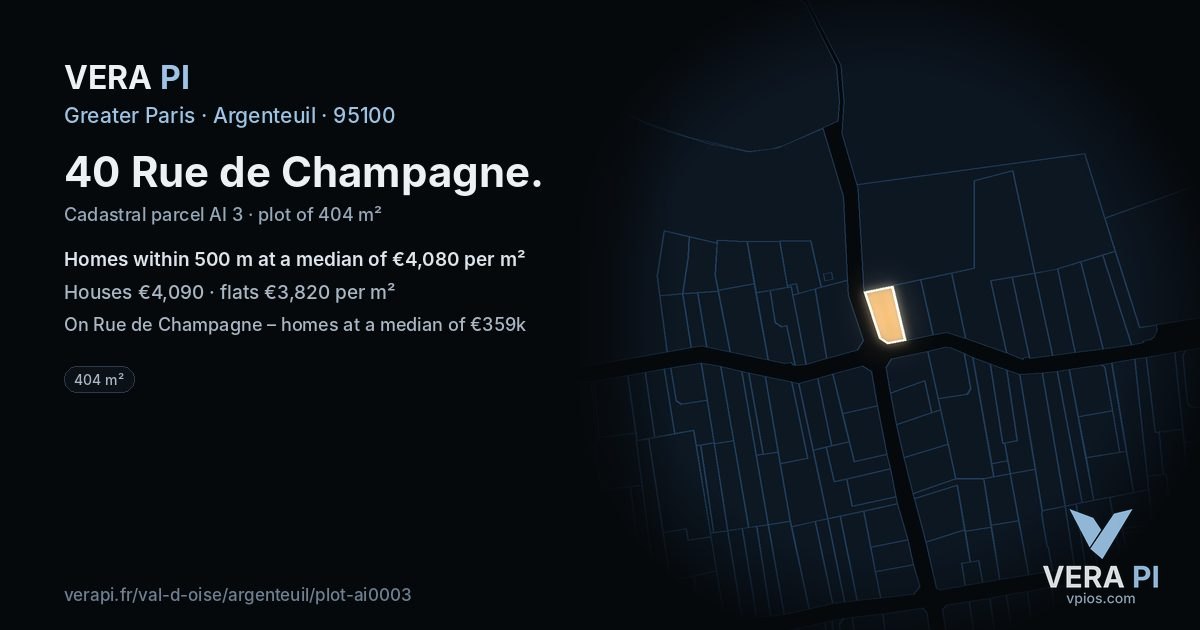 40 Rue de Champagne, Argenteuil at night – the plot lit, the parcels around coloured by the prices near them