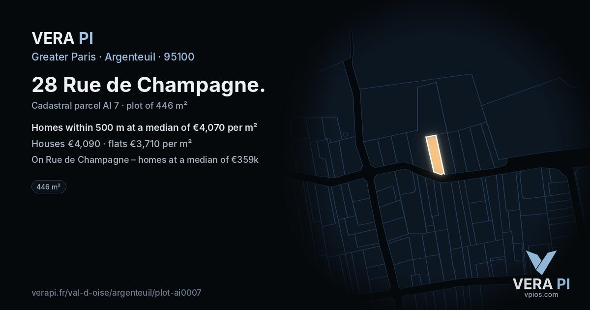 28 Rue de Champagne, Argenteuil at night – the plot lit, the parcels around coloured by the prices near them