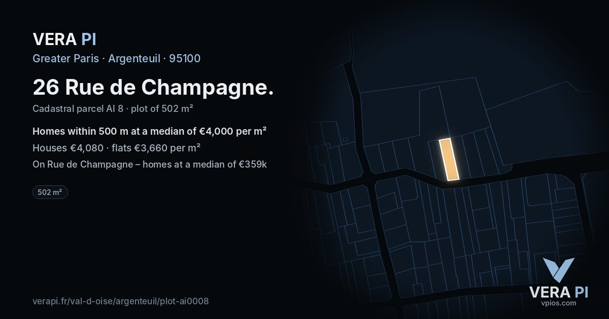 26 Rue de Champagne, Argenteuil at night – the plot lit, the parcels around coloured by the prices near them