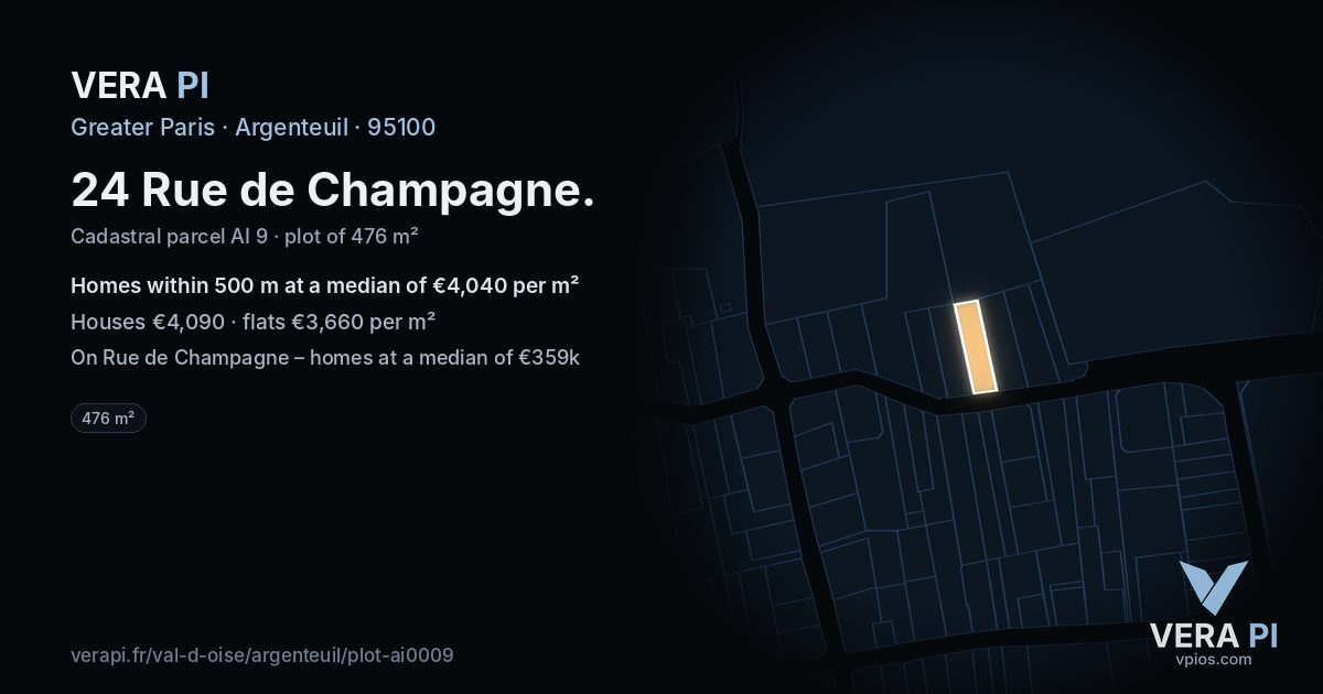 24 Rue de Champagne, Argenteuil at night – the plot lit, the parcels around coloured by the prices near them