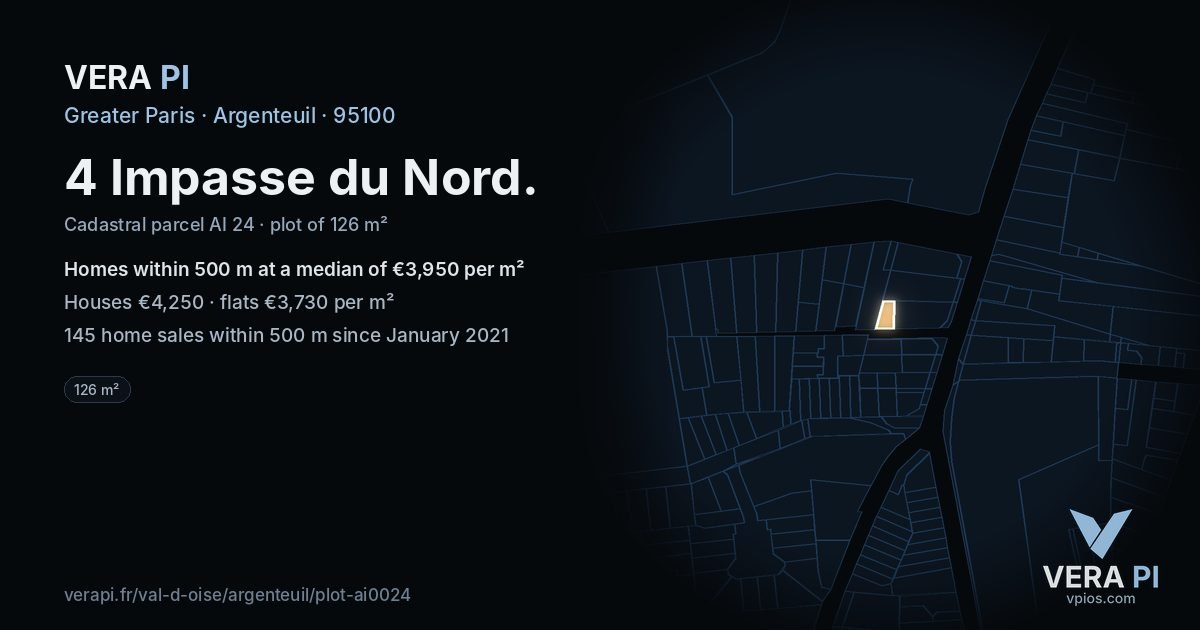 4 Impasse du Nord, Argenteuil at night – the plot lit, the parcels around coloured by the prices near them