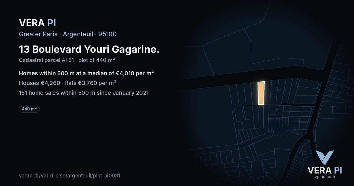 13 Boulevard Youri Gagarine, Argenteuil at night – the plot lit, the parcels around coloured by the prices near them