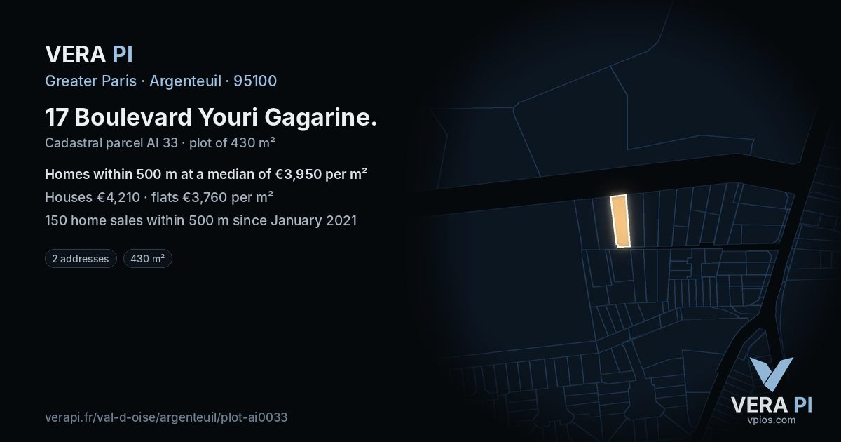17 Boulevard Youri Gagarine, Argenteuil at night – the plot lit, the parcels around coloured by the prices near them