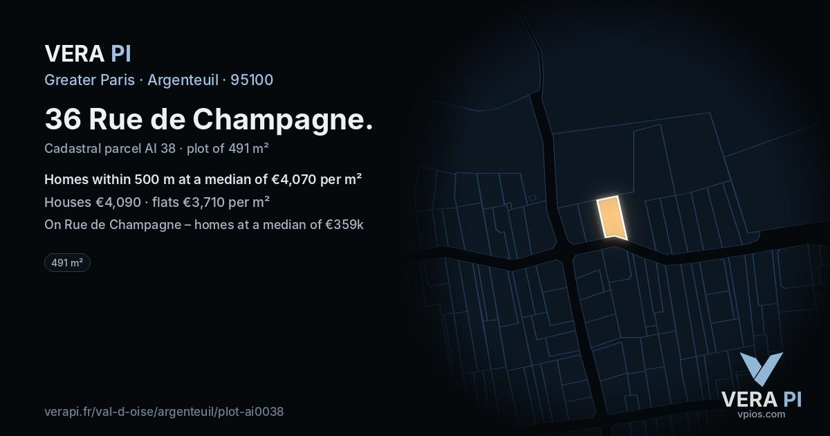 36 Rue de Champagne, Argenteuil at night – the plot lit, the parcels around coloured by the prices near them