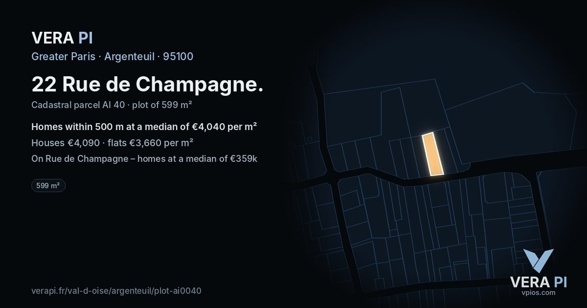 22 Rue de Champagne, Argenteuil at night – the plot lit, the parcels around coloured by the prices near them