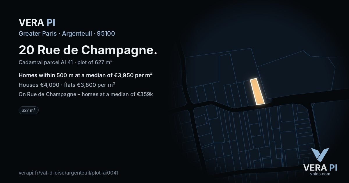 20 Rue de Champagne, Argenteuil at night – the plot lit, the parcels around coloured by the prices near them