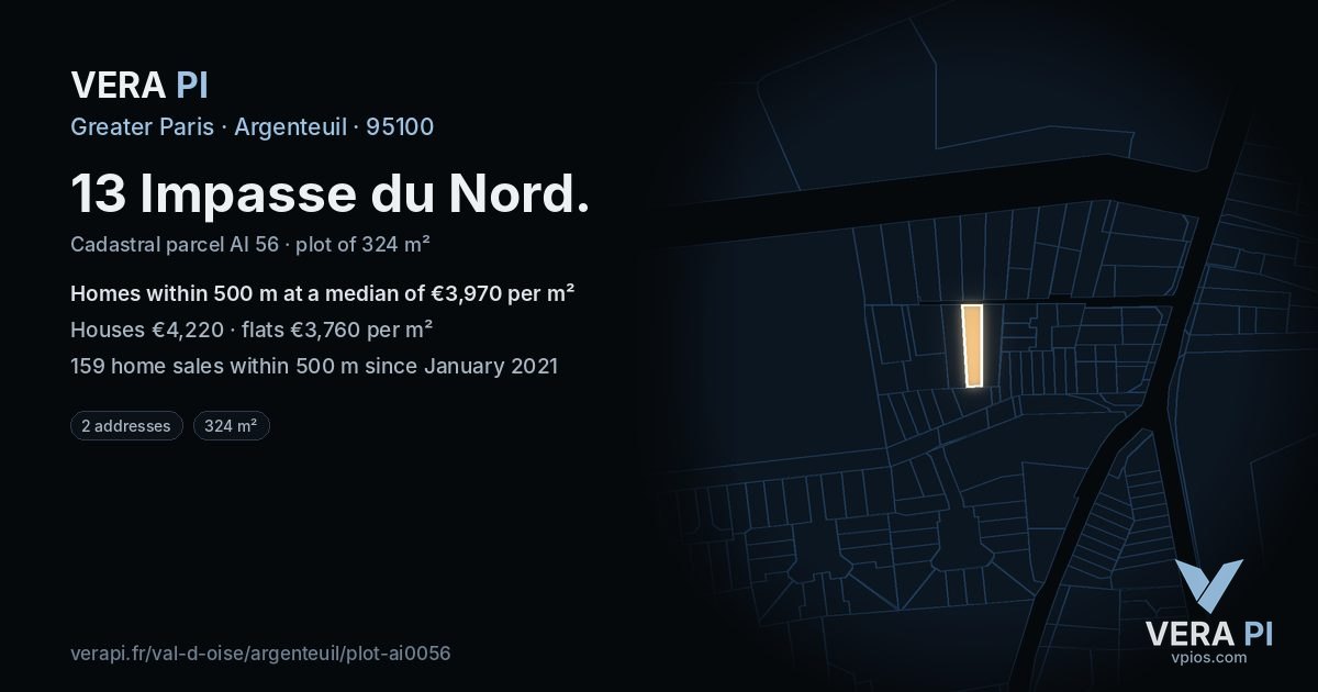 13 Impasse du Nord, Argenteuil at night – the plot lit, the parcels around coloured by the prices near them